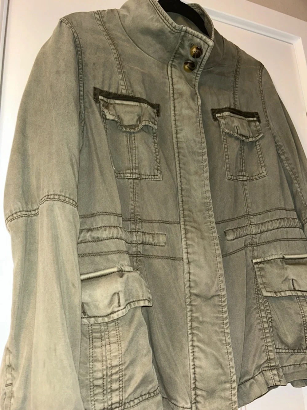 Full Zip Military Utility Jacket M/L Green Casual Faded Worn Look Coat Relaxed